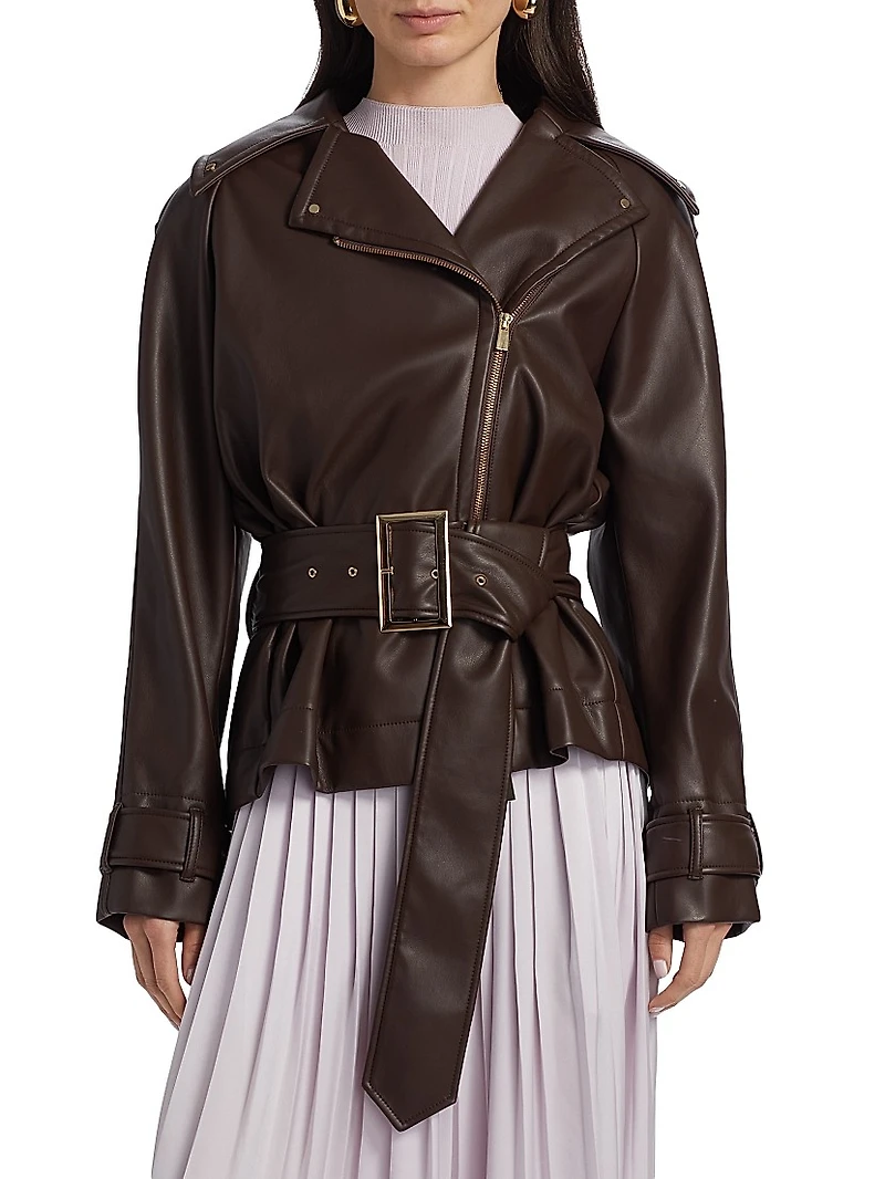 Faux Leather Belted Biker Jacket