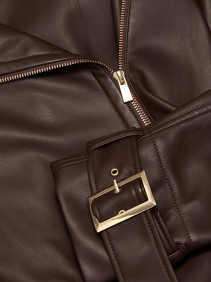 Faux Leather Belted Biker Jacket