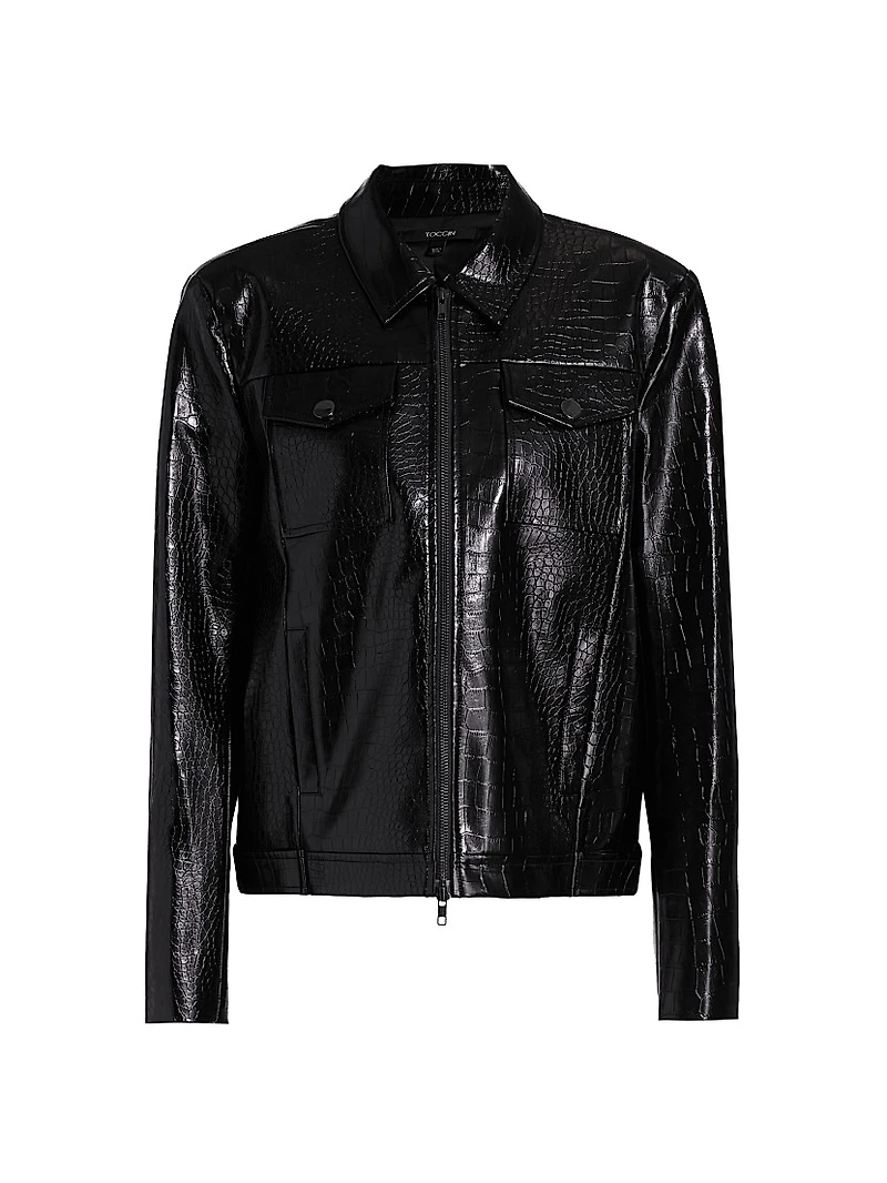 Juno Crocodile-Embossed Faux Leather Moto Jacket