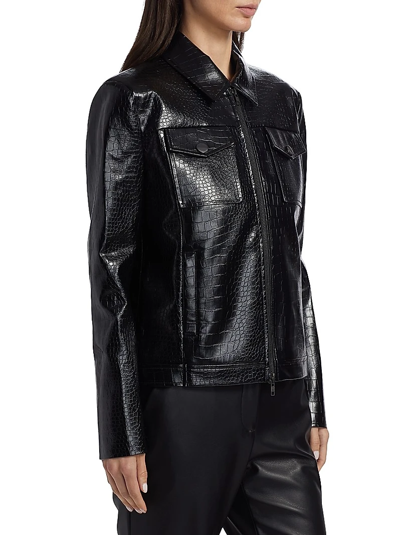 Juno Crocodile-Embossed Faux Leather Moto Jacket