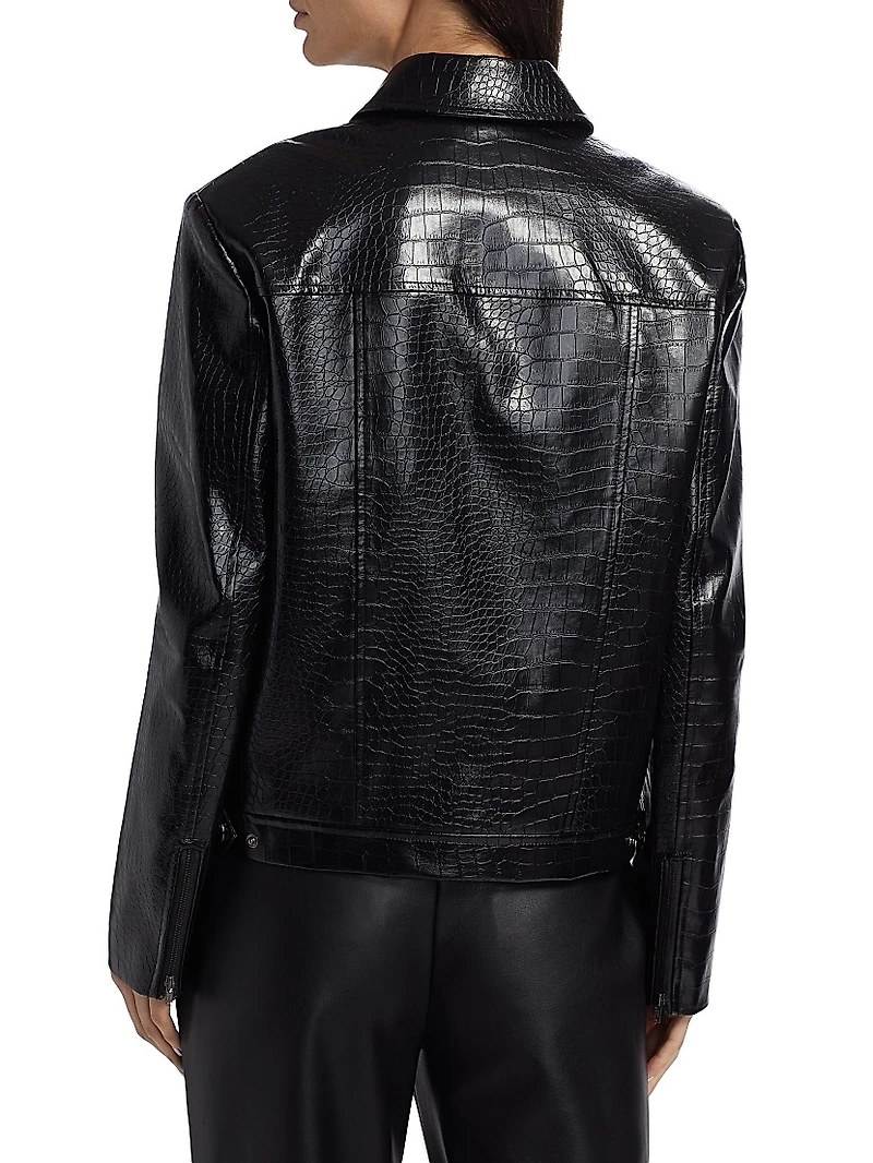 Juno Crocodile-Embossed Faux Leather Moto Jacket