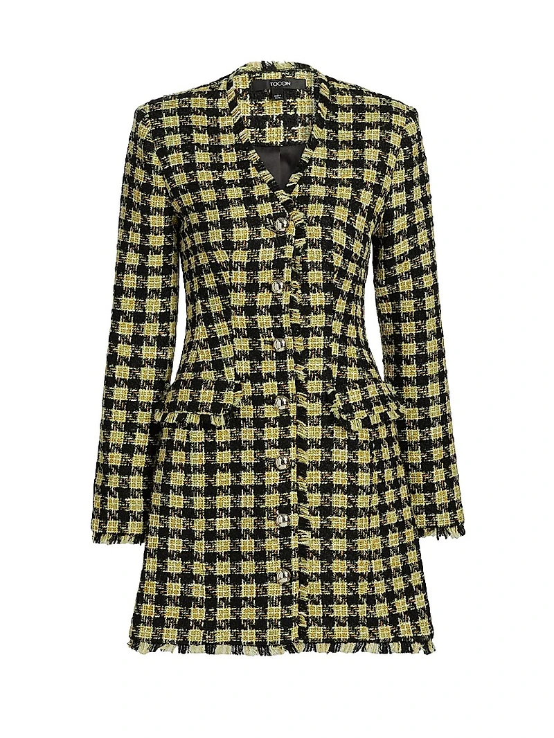 Mallory Strong-Shoulder Tweed Dress