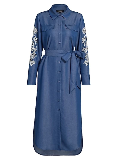 Embroidered Belted Midi-Dress