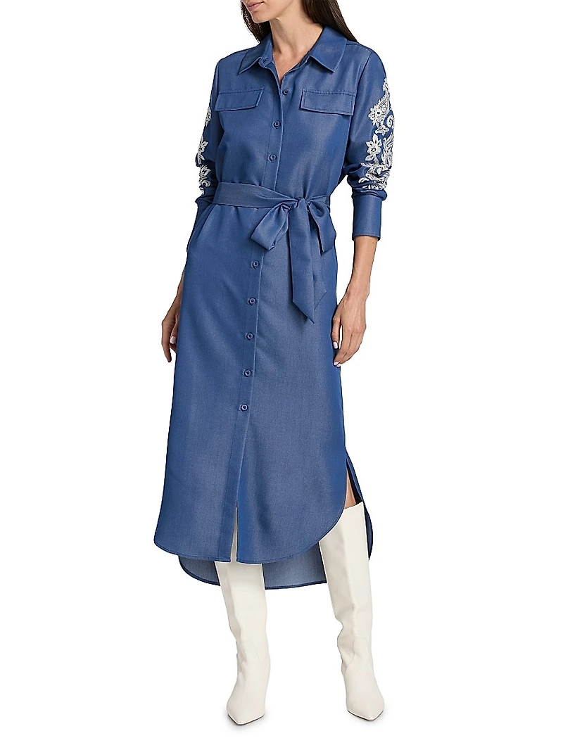 Embroidered Belted Midi-Dress