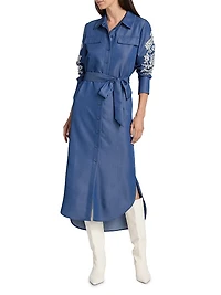 Embroidered Belted Midi-Dress