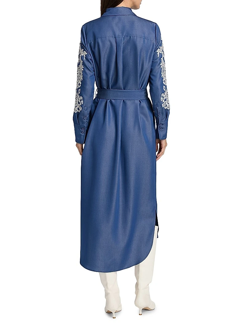 Embroidered Belted Midi-Dress