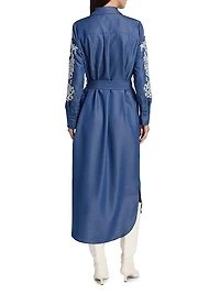 Embroidered Belted Midi-Dress