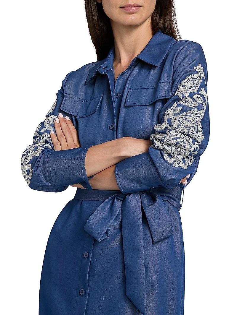 Embroidered Belted Midi-Dress