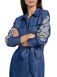 Embroidered Belted Midi-Dress