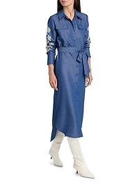 Embroidered Belted Midi-Dress