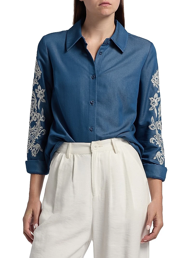 Embroidered Chambray Button-Front Shirt