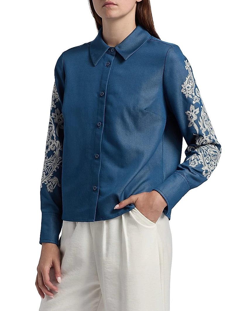 Embroidered Chambray Button-Front Shirt