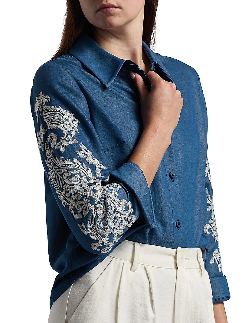 Embroidered Chambray Button-Front Shirt