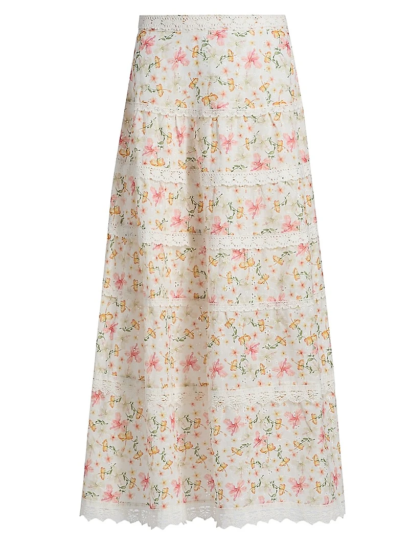Floral Crochet-Trim Midi-Skirt