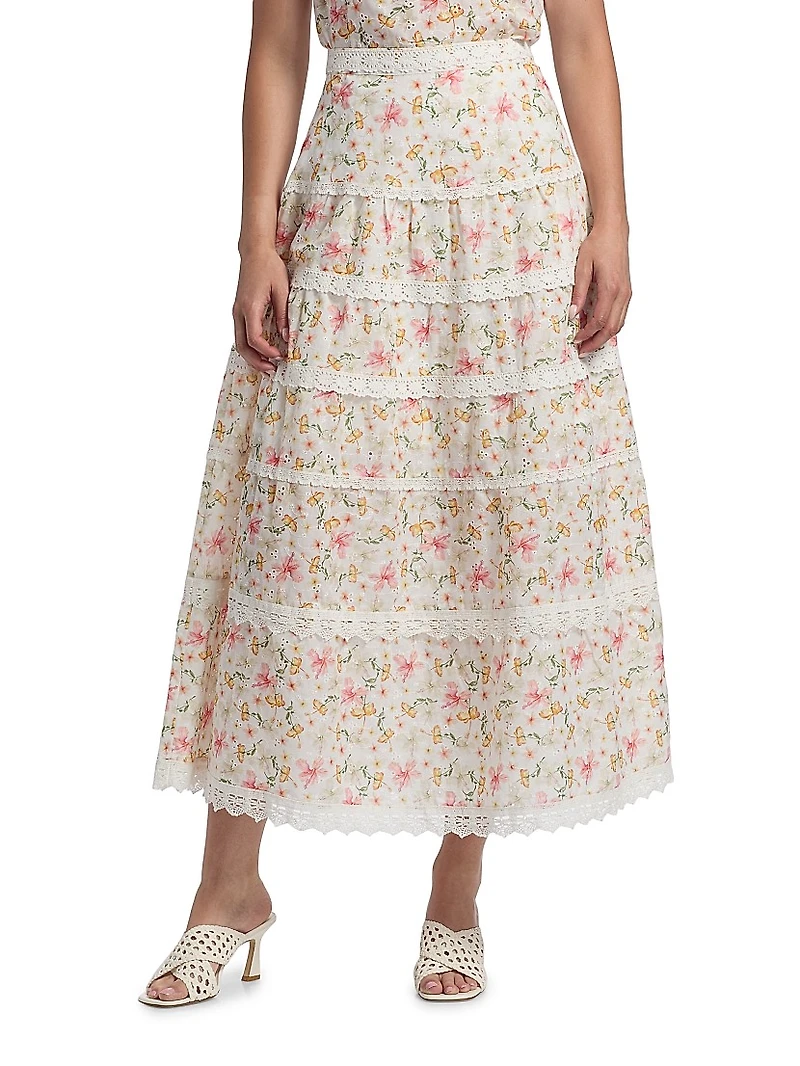 Floral Crochet-Trim Midi-Skirt