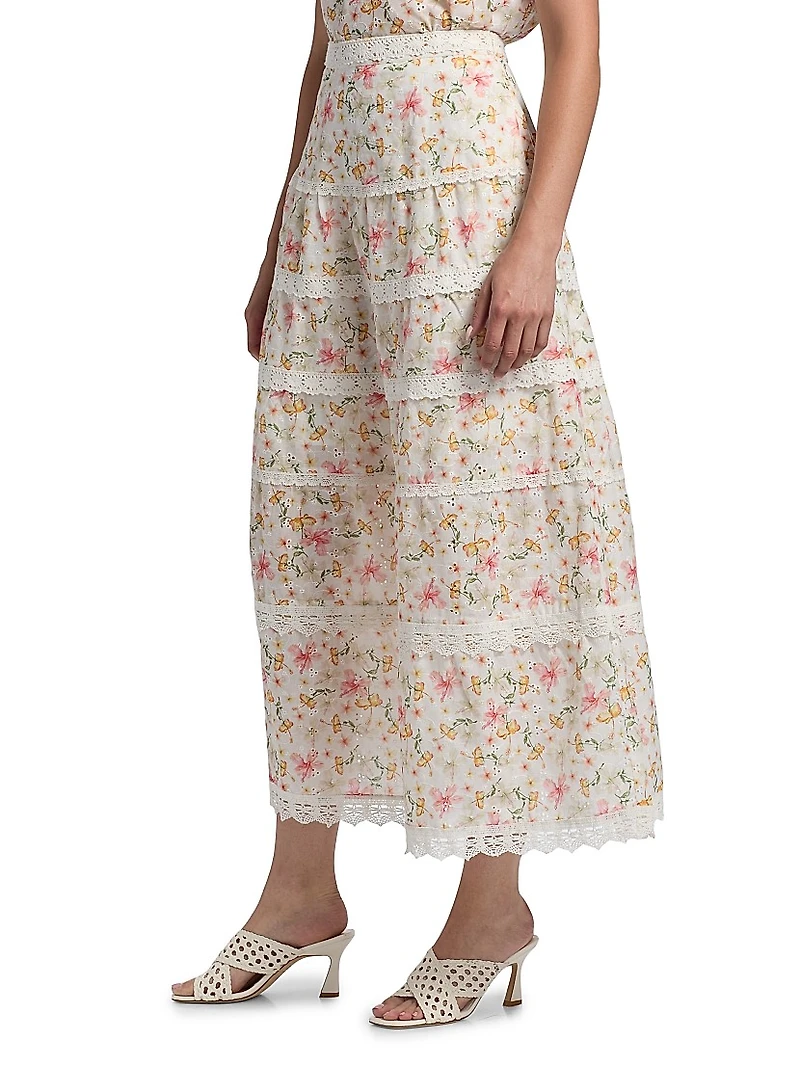 Floral Crochet-Trim Midi-Skirt