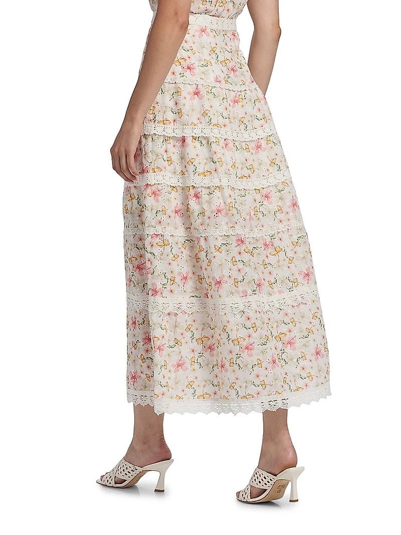 Floral Crochet-Trim Midi-Skirt