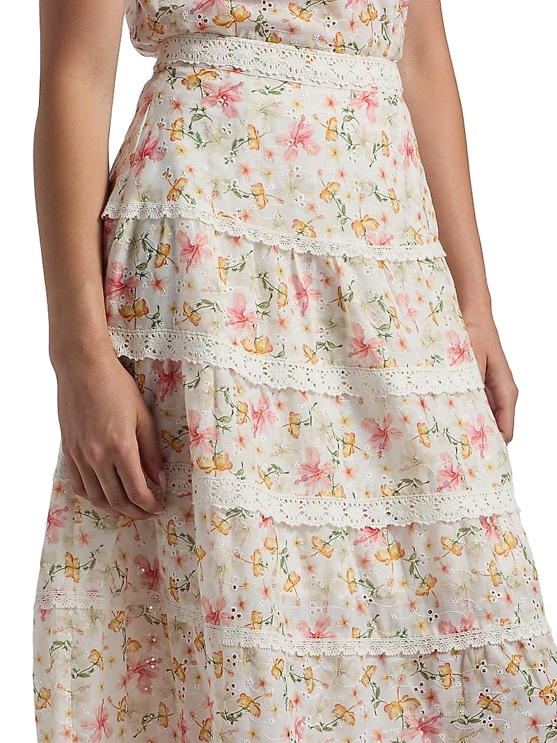 Floral Crochet-Trim Midi-Skirt