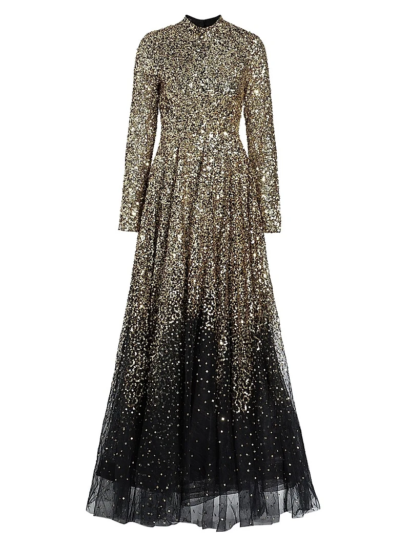 Ina Sequin-Embroidered Long-Sleeve Gown