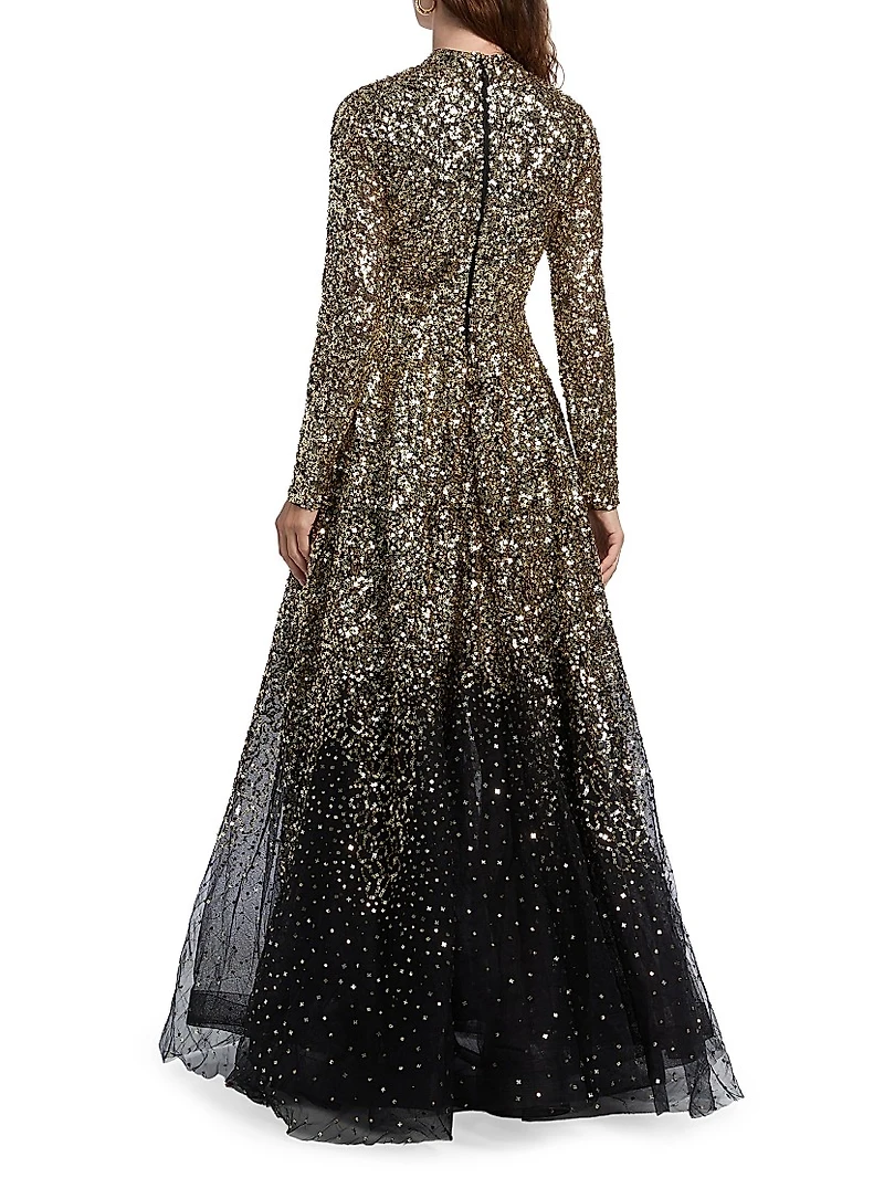 Ina Sequin-Embroidered Long-Sleeve Gown