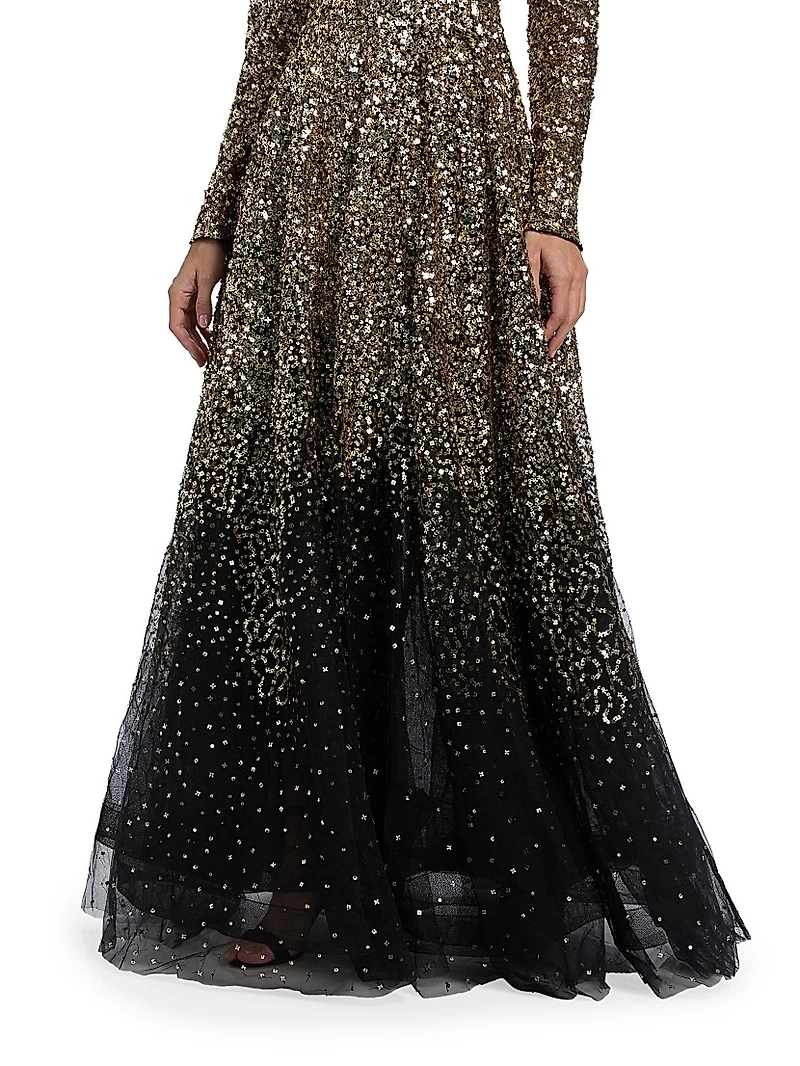 Ina Sequin-Embroidered Long-Sleeve Gown