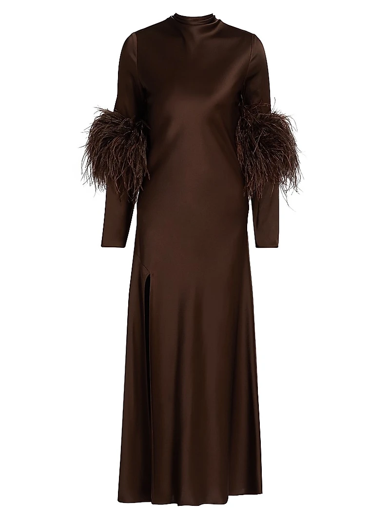 Satin Feather-Cuff Draped Gown