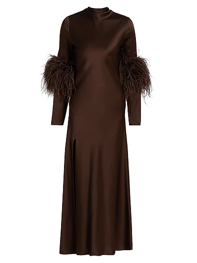 Satin Feather-Cuff Draped Gown