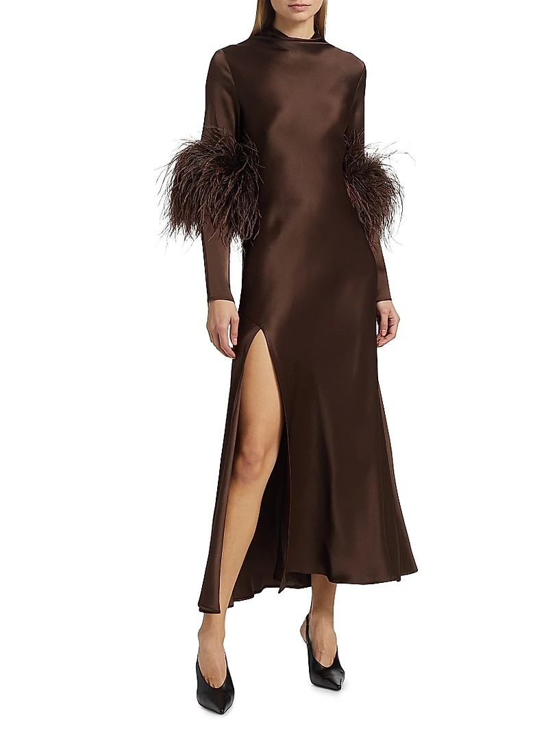Satin Feather-Cuff Draped Gown