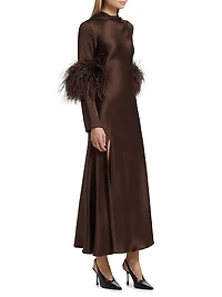 Satin Feather-Cuff Draped Gown