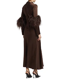 Satin Feather-Cuff Draped Gown