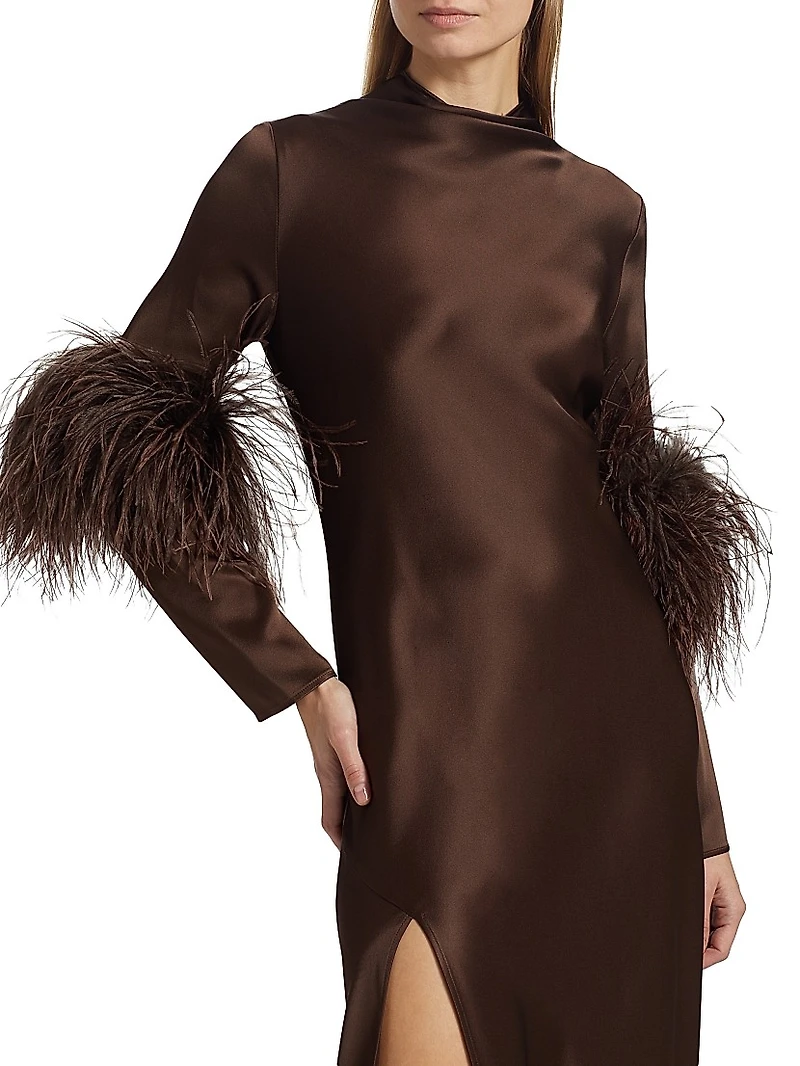 Satin Feather-Cuff Draped Gown