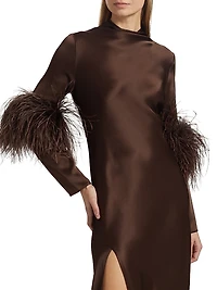 Satin Feather-Cuff Draped Gown