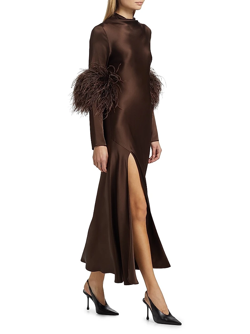 Satin Feather-Cuff Draped Gown