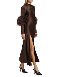 Satin Feather-Cuff Draped Gown