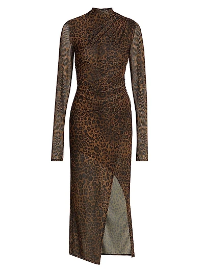 Leopard Printed Mesh Draped Midi-Dress