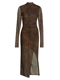 Leopard Printed Mesh Draped Midi-Dress