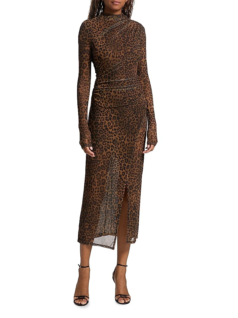 Leopard Printed Mesh Draped Midi-Dress