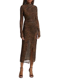Leopard Printed Mesh Draped Midi-Dress
