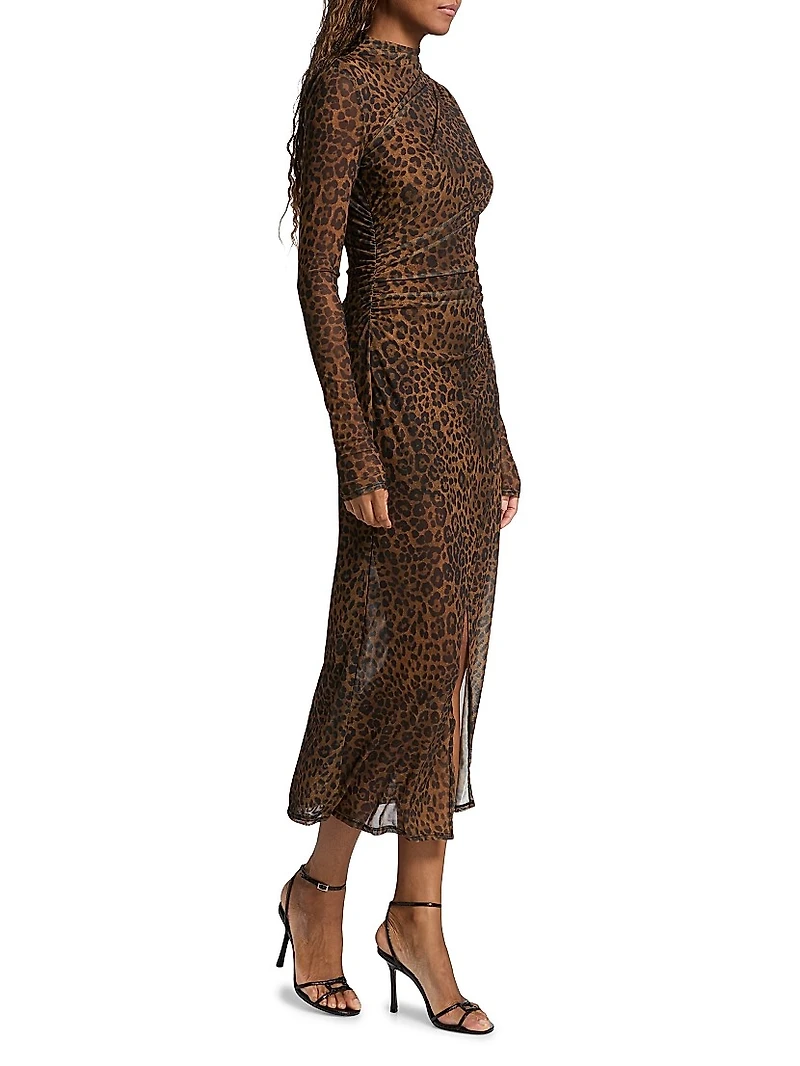 Leopard Printed Mesh Draped Midi-Dress