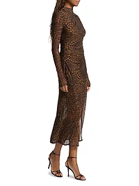 Leopard Printed Mesh Draped Midi-Dress