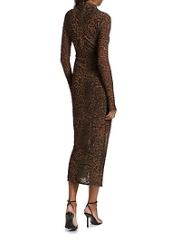 Leopard Printed Mesh Draped Midi-Dress