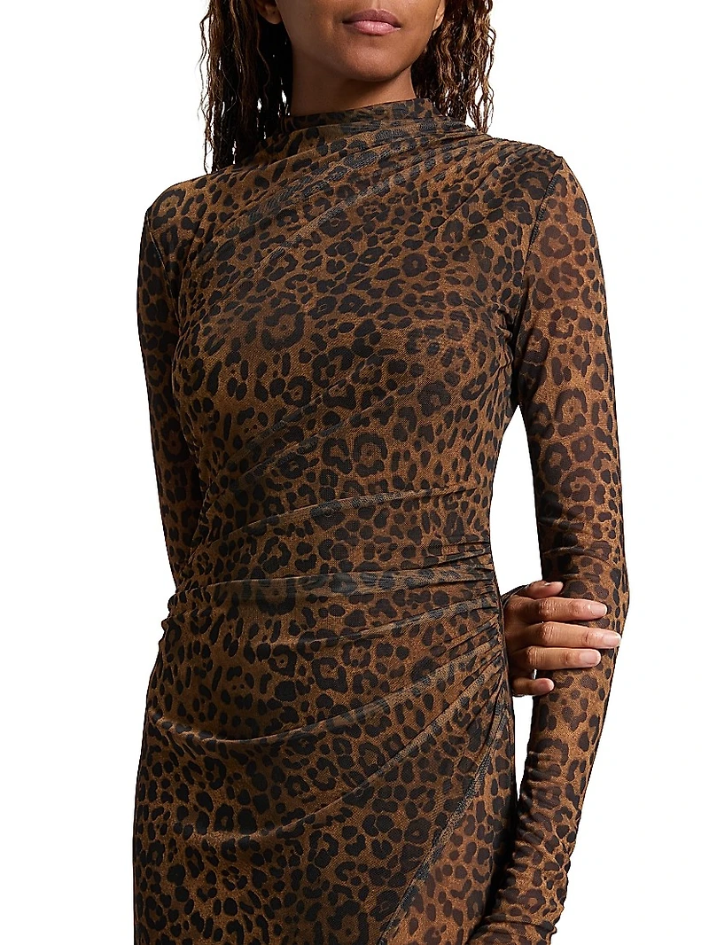 Leopard Printed Mesh Draped Midi-Dress