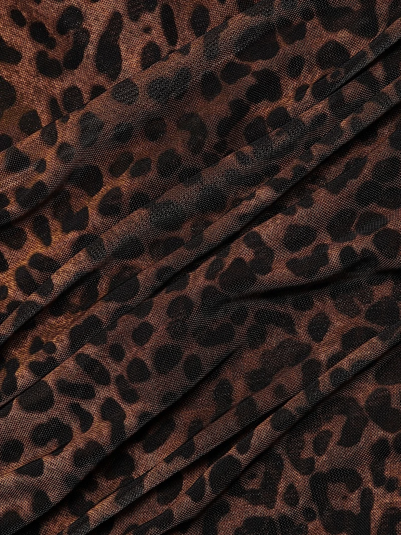 Leopard Printed Mesh Draped Midi-Dress
