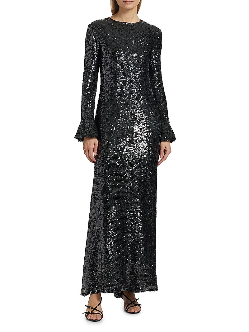 Sequined Flare-Sleeve Sheath Gown