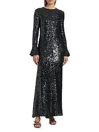 Sequined Flare-Sleeve Sheath Gown