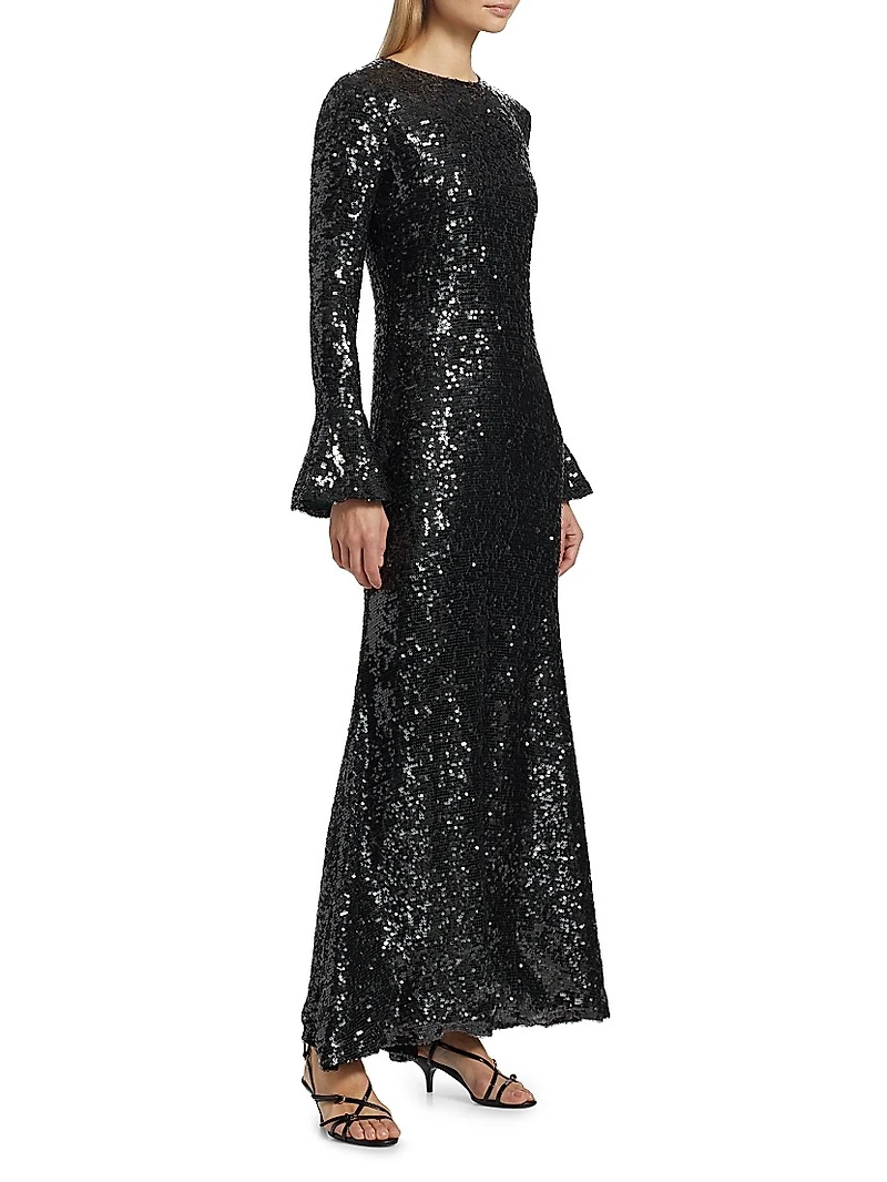 Sequined Flare-Sleeve Sheath Gown
