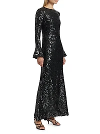 Sequined Flare-Sleeve Sheath Gown