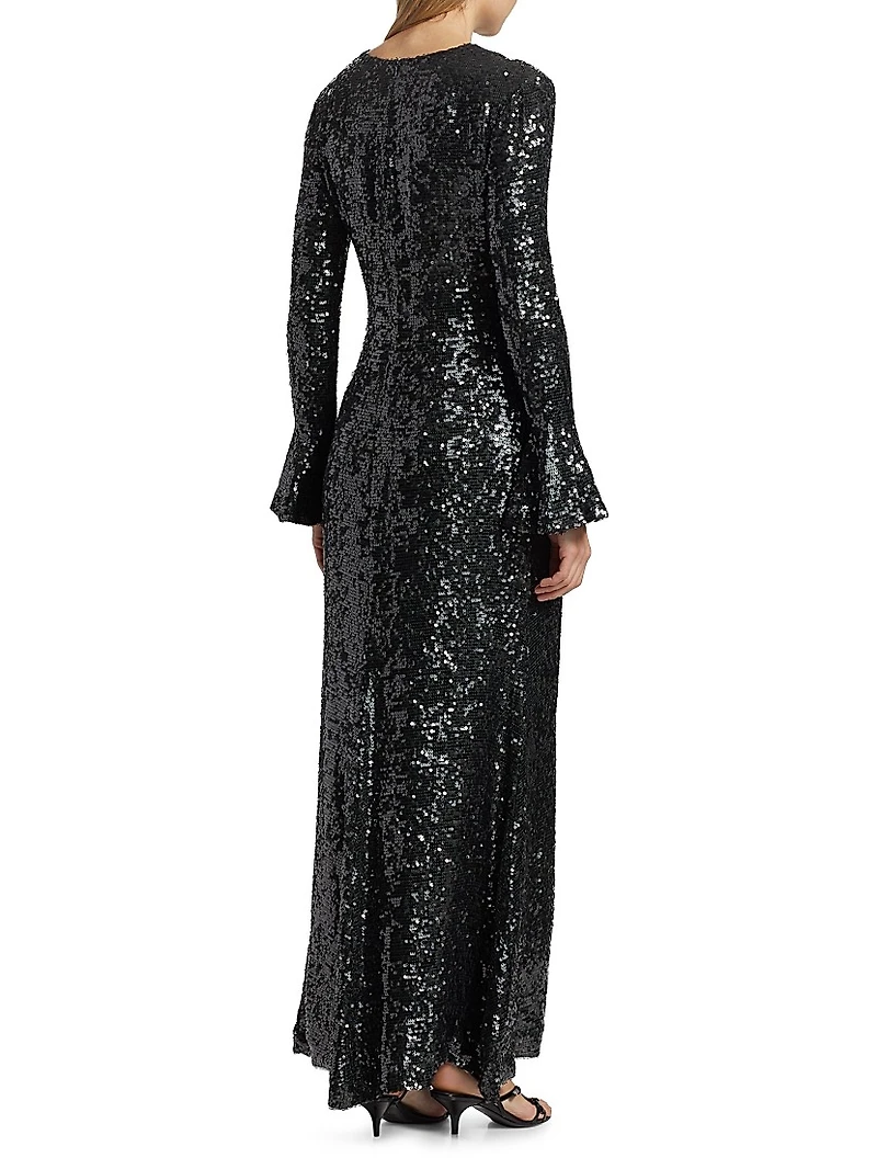 Sequined Flare-Sleeve Sheath Gown
