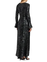 Sequined Flare-Sleeve Sheath Gown
