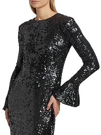 Sequined Flare-Sleeve Sheath Gown